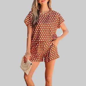 Dear-Lover Women's 2-Piece Polka Dot Print Short-Sleeve T-Shirt & Above-Knee Shorts Outfits, Spring Summer Casual Relaxed Fit, 95% Polyester 5% Elastane Womenswear for Everyday Comfort
