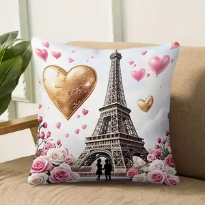 1pc Short Plush Decorative Valentine's Day Single-Sided Printed Pillowcase - Eiffel Tower, Heart, Rose Holiday Pattern, Hand & Machine Washable, Multiple Sizes, Suitable for Bedroom, Living Room, Sofa, Bedroom Decorative Accessories