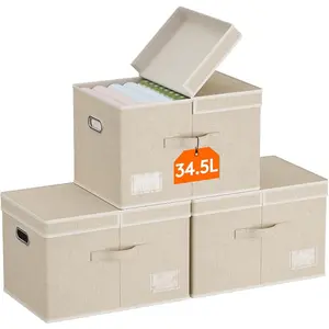 Large Storage Bins with Lids Fabric Foldable Storage Boxes with Handles Decorative Closet Organizer Stackable Cube Baskets Container for Bedroom Office Nursery 3 Packs Beige