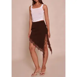 Women Lace Trim Long Silk Skirt Asymmetrical Hem Satin Midi Slip Skirts Low Rise Ruffle Flowy Maxi Underskirt