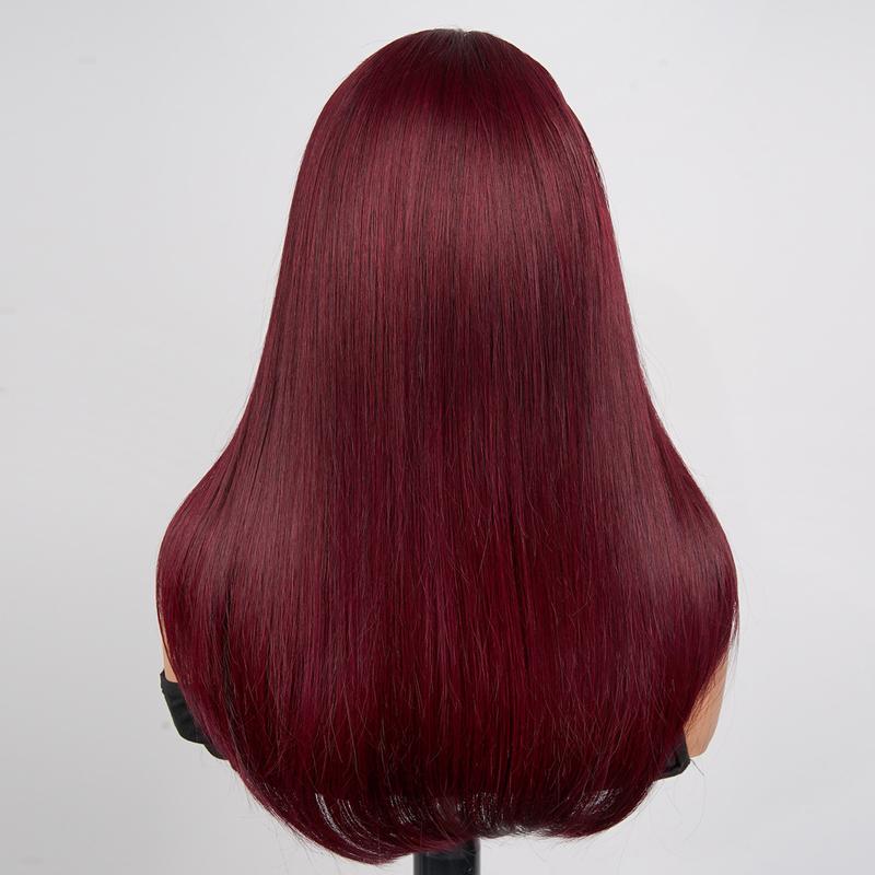 OQ HAIR Burgundy 99J Color Layered Straight Glueless Wig With Side Part Swept Bangs 220% Density 9x6 Pre-Everything Wear Go Wig With Drawstring Pre Colored Human Hair Wigs for Women Beginner Friendly Pre Styled Wigs