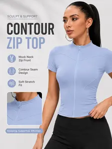 Women's Short Sleeve Zipper Fitness Top, High Neck Slim Fit Sporty T-Shirt, Gym Yoga Tops, Workout Clothes, Ideal for Yoga, Gym, Running, Quick Dry Breathable