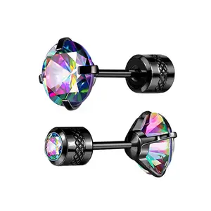 Titanium Earrings Rainbow Cubic Zirconia Screw Back Earrings for Men Women,Hypoallergenic Cartilage Earring Piercing Jewelry