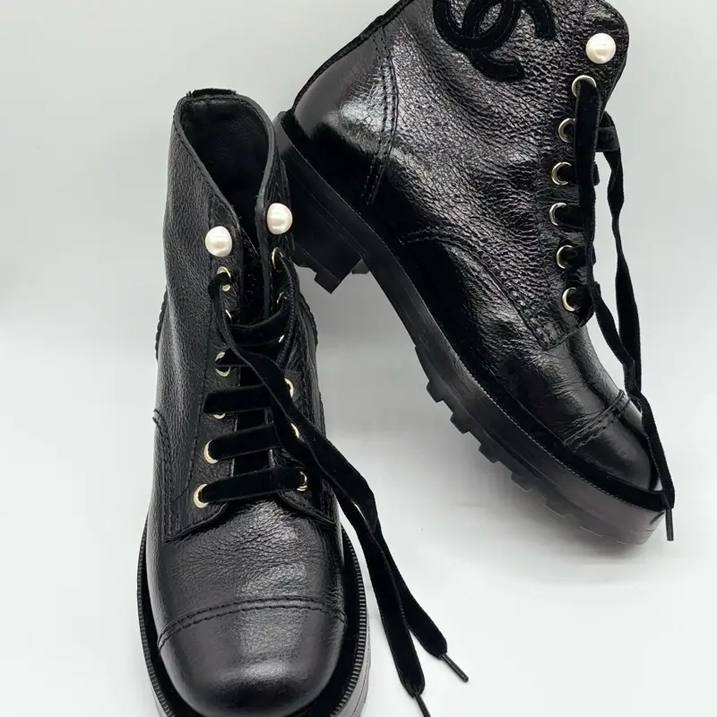 Pre Owned Chanel Shiny Calfskin Velvet Pearl Combat Short Boots Size 36.5