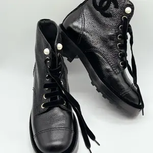Pre Owned Chanel Shiny Calfskin Velvet Pearl Combat Short Boots Size 36.5