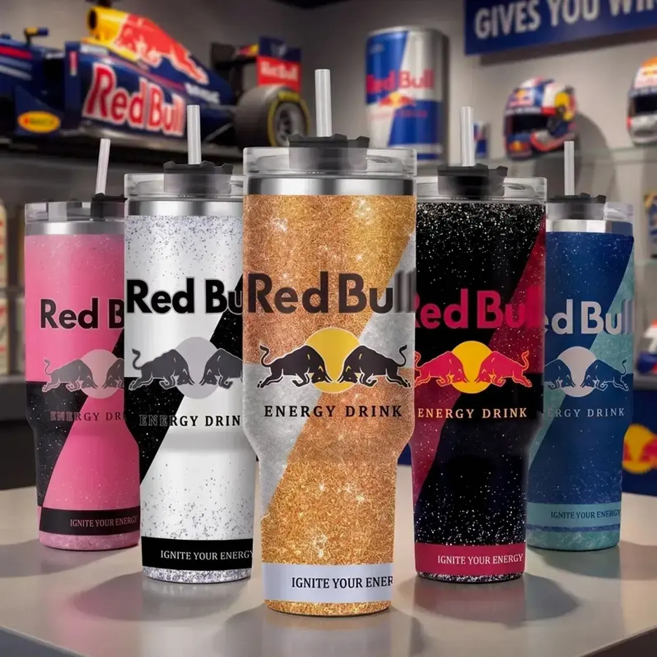 [Collection] Red Bull 40oz Tumbler With Straw Black, Energy Drink Gives You Wings Ignite Your Energy Travel Mug, Fighting Bulls Glitter Sparkle Stainless Steel Insulated Water Coffee Cup, RB F1 Racing Fan Drinkware, Cool Soda Energy Drink Lover Gifts