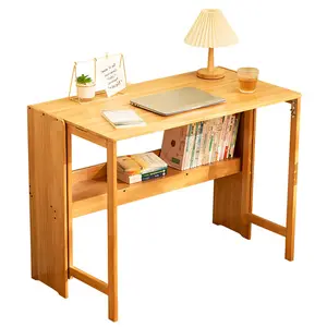 BamboFolding Desk with Bookshelf, Compact Computer Desk with Hutch for Small Spaces, Foldable Desk with Storage Shelf, Space-Saving Home Office Desk for Bedroom, Dorm, Apartment