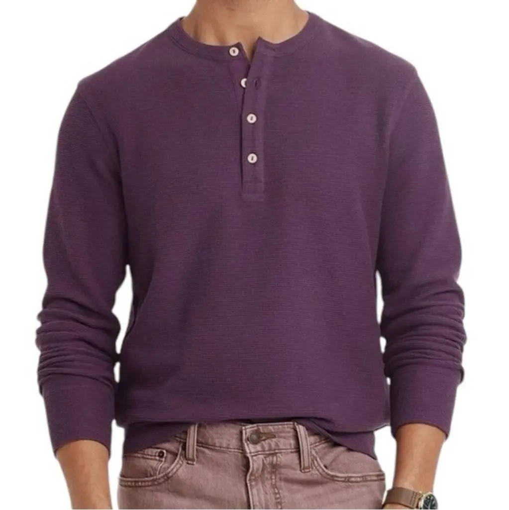Men's Long-Sleeve Henley Shirt - Casual Textured Ribbed Cotton-Blend Pullover Top with 4-Button Placket, Purple, Tops
