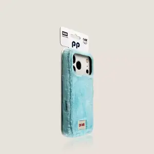 Blue Candy Color Phone Case for iPhone 17 Pro Max / 16 Pro, four-corner shockproof, luxury plush cover, trendy four-sided protective design, new unique style for 15, premium look for 14/13, warm furry winter case, fashionable protective cover
