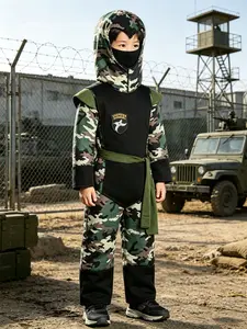 Camouflage Bodysuit with Tactical Vest, Headgear Mask, and Belt, Perfect for Military Themes, Stage Performances, Cosplay, Boys' Choice