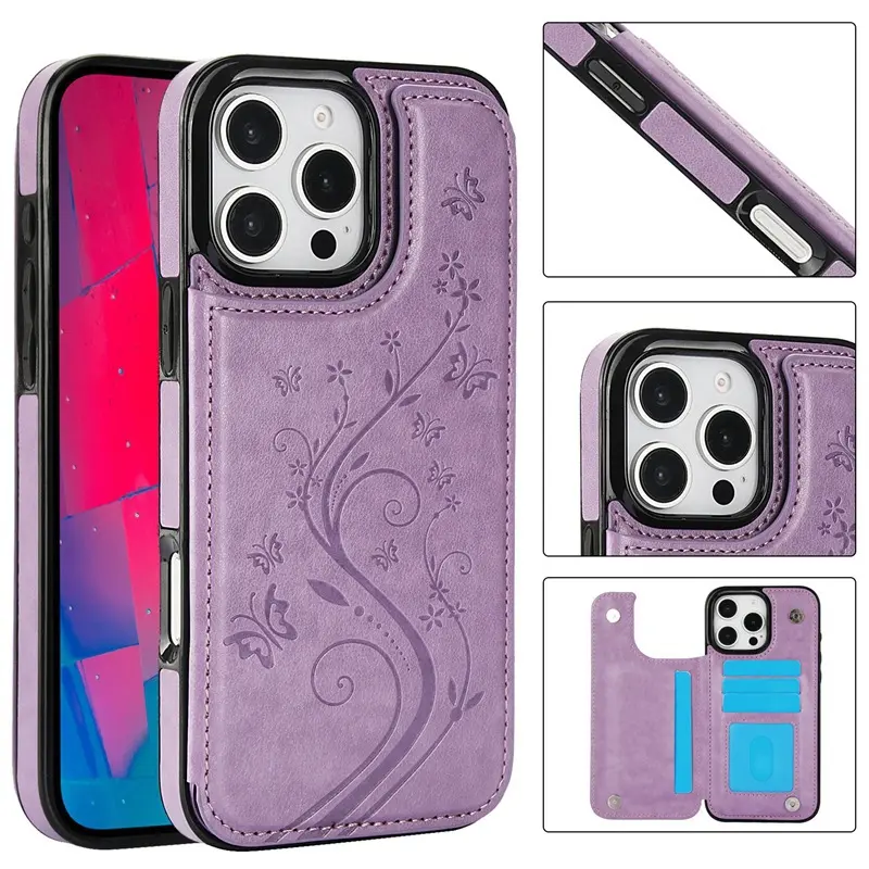 Leather card holder phone case with retro leather embossed pattern. Compatible with iPhone 17 Pro Max/iPhone 16 Pro Max/iPhone 16/iPhone 15 Plus/iPhone 14/13. Triple card slot design with double magnetic closure to prevent loss. Floral pattern.