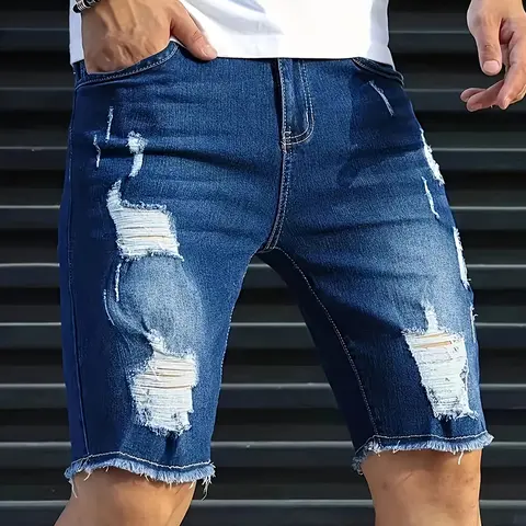Men's Dark Blue Washed Stretch Denim Shorts - Frayed Knee Rips, Operator Pocket, Plain Retro Streetwear Ripped Denim Statement Jorts, Casual Menswear Bottoms for Everyday Use
