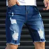 Men's Dark Blue Washed Stretch Denim Shorts - Frayed Knee Rips, Operator Pocket, Plain Retro Streetwear Ripped Denim Statement Jorts, Casual Menswear Bottoms for Everyday Use