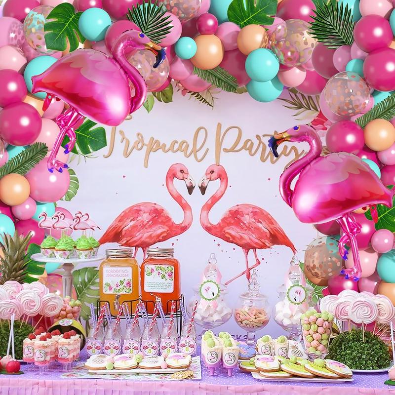 124Pcs Tropical Flamingo Balloon Arch Garland Kit 40" Flamingo Balloons Hot Pink Confetti Balloons Tropical Palm Leaves 4 Tools Hawaiian Luau Birthday Wedding Baby Shower Party Decorations Supplies Float