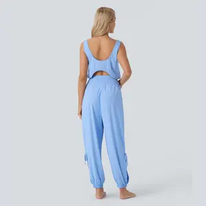 Halara Sleeveless Cut Out Drawstring Pocket Cool Touch Yoga Jumpsuit-UPF50+