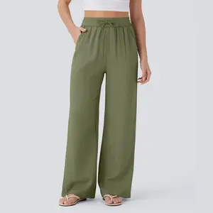 High-waisted drawstring side pocket wide-leg casual linen pants wide-leg flowing beach pants elasticated