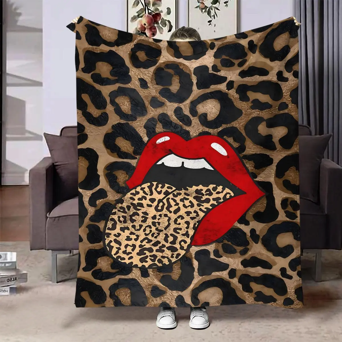 Leopard Print Sexy Lips Pattern Polyester Flannel Blanket, Printed Flannel Blanket, Air Conditioning Blanket, Soft Throw Blanket for Home Bedroom Living Room Sofa, Animal Blankets, Blanket for Couch