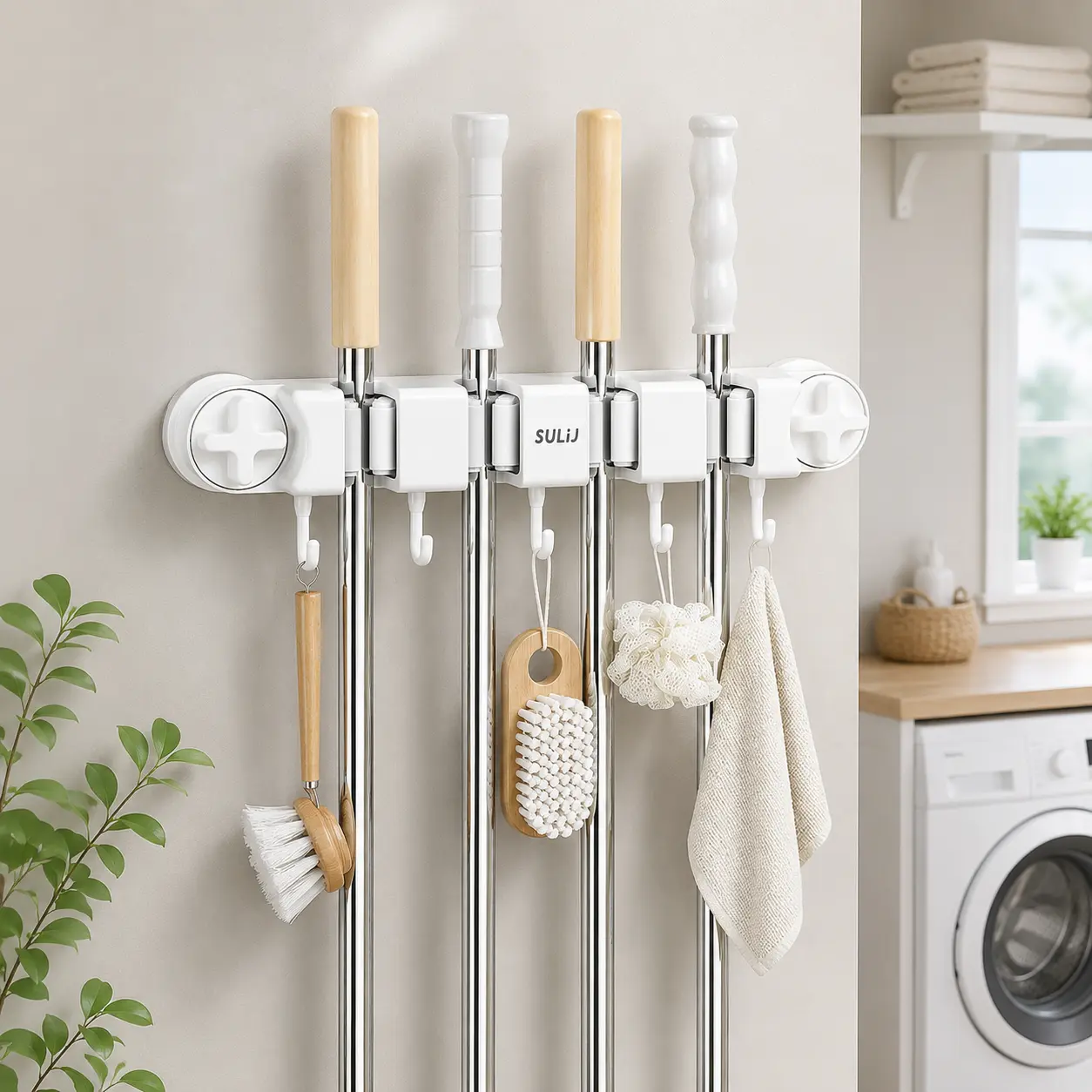 【Clearance Sale】Wall Mounted Mop and Broom Holder - Self-Adhesive Multifunctional Wall Attachable Utility Racks with 4 Racks + 5 Hooks for Kitchen, Bathroom - Declutter Space Home Organizer Tool Kit