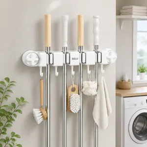 Wall Mounted Mop and Broom Holder, Self-Adhesive Organizer with 4 Racks and 5 Hooks for Kitchen, Bathroom, Closet