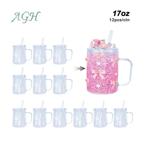 AGH [New Product] 12pcs 17oz Acrylic Snow Globe Mugs Plastic Double Wall Handle Tumbler for Glitter Custom Gift Coffee Cup
