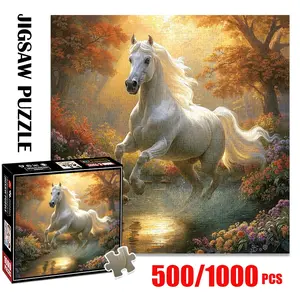 1pc 1000 piece adult puzzle 58x58cm White Horse in a Sun - Lit Autumn Forest 500 pieces of paper puzzle, suitable for adults and families, large-scale DIY puzzle interactive toy games, birthday