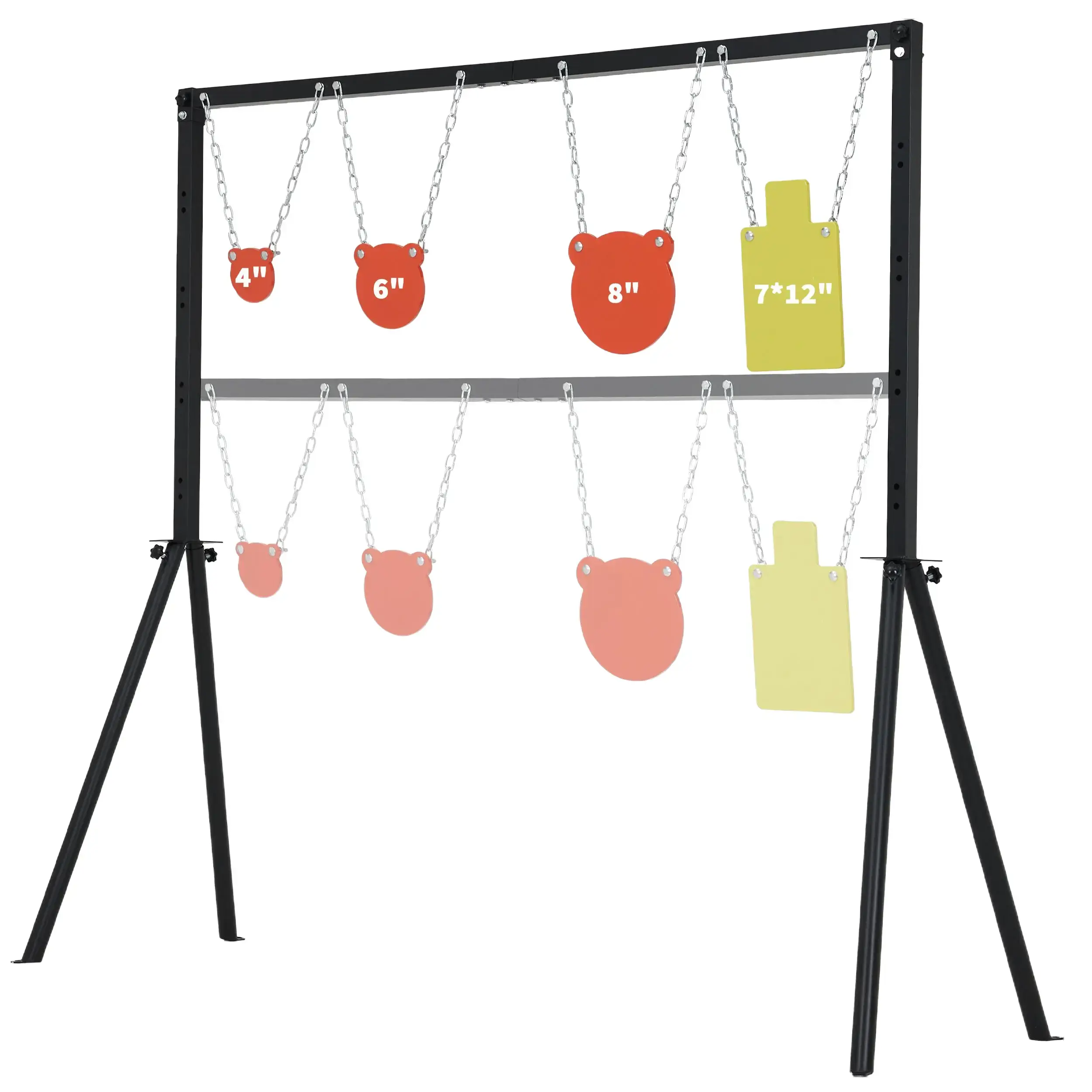 AR500 Steel Target Practice Set for Adults - 3/8" Thick Multi-Size Gongs (4"/6"/8"), 7x12" Torso, Height-Adjust Aim Stand, Wide Base, Slanted Safety, 8 Chains for Hold, 4 Ground Stakes, High-Contrast Coating, Outdoor Setup Kit, No Unnecessary Add-ons