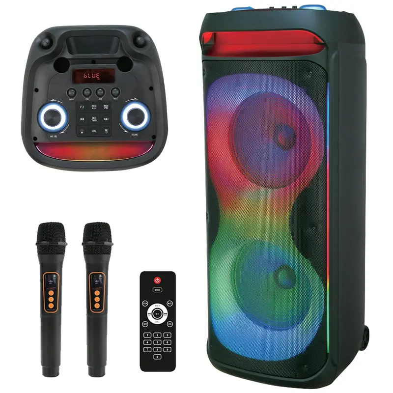 Karaoke Party Bass Speaker Bluetooth, Portable 200W+ Rechargeable Sound System with Dual 12in Woofers, 1.5in Tweeter, 2Mics w/ Controls, Remote, LED Light, USB Port, 10m Range for Smartphones/Tablets, Multiple Inputs