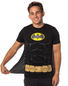 DC Comics Men's Batman Costume Shirt With Detachable Cape Classic Bat Logo Batman Cosplay Tee DC Comics Men's Batman Costume Shirt With Detachable Cape Classic Bat Logo Batman Cosplay Tee