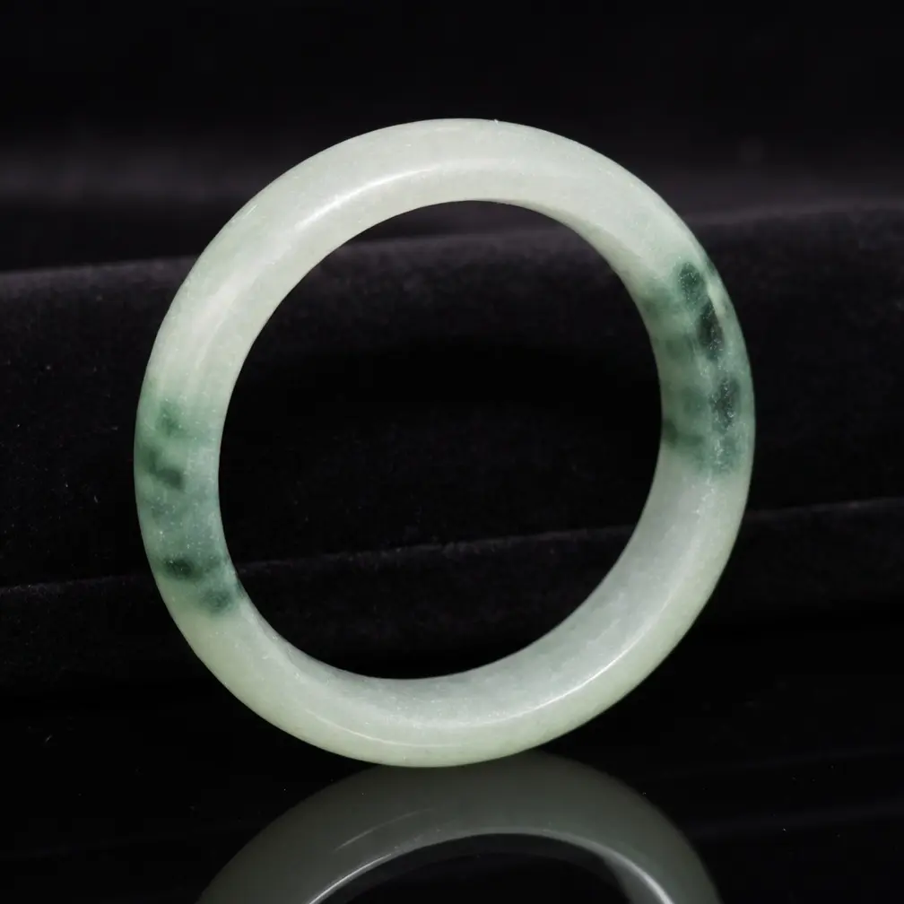 Unisex Treated Celadon Icy Jade Bangle - Full-Round, Fixed Size 55.35 mm, Non-Adjustable, Moss Zones, Mineral Bands, Continuity Design, High Polish Finish, Adult Daily Jewelry for Disciplined Strength (Note: Not Untreated Jade), Adults, Rooted Growth, No,