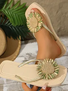 Sunflower Decorative Sandals, Floral Pattern, Textile Upper, Rubber Sole, Comfortable and Non-Slip, Ideal for Beach and Summer