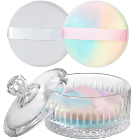 NiHome Large Glass Powder Puff and Container Set - 2 Ultra-Soft Velvet Puffs, Makeup Storage Jar with Lid, Smoothing Face & Body Powder Application, All Skin Types, Holidays Thoughtful Gift Choice