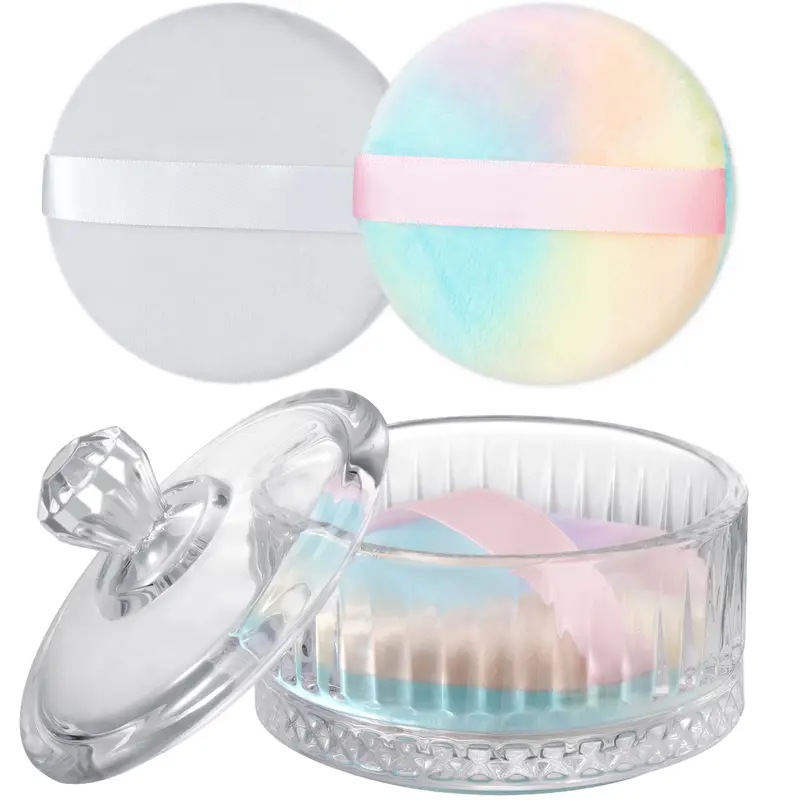 NiHome Large Glass Powder Puff and Container Set - 2 Ultra-Soft Velvet Puffs, Makeup Storage Jar with Lid, Smoothing Face & Body Powder Application, All Skin Types, Holidays Thoughtful Gift Choice