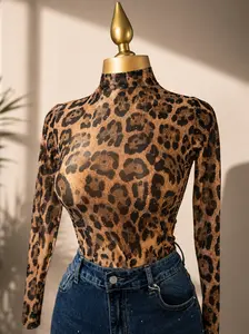 Leopard Rhinestone Mesh Top