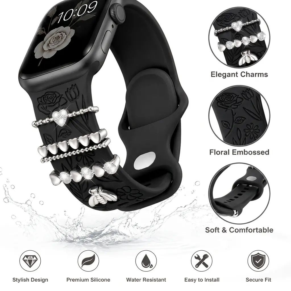 DIY Charm Floral Watch Band, Engraved Silicone Replacement Strap with Crystal Heart Accessories, Stylish Soft Sport Wristband Compatible with Apple Watch Series 11/10/9/8/7/SE/Ultra
