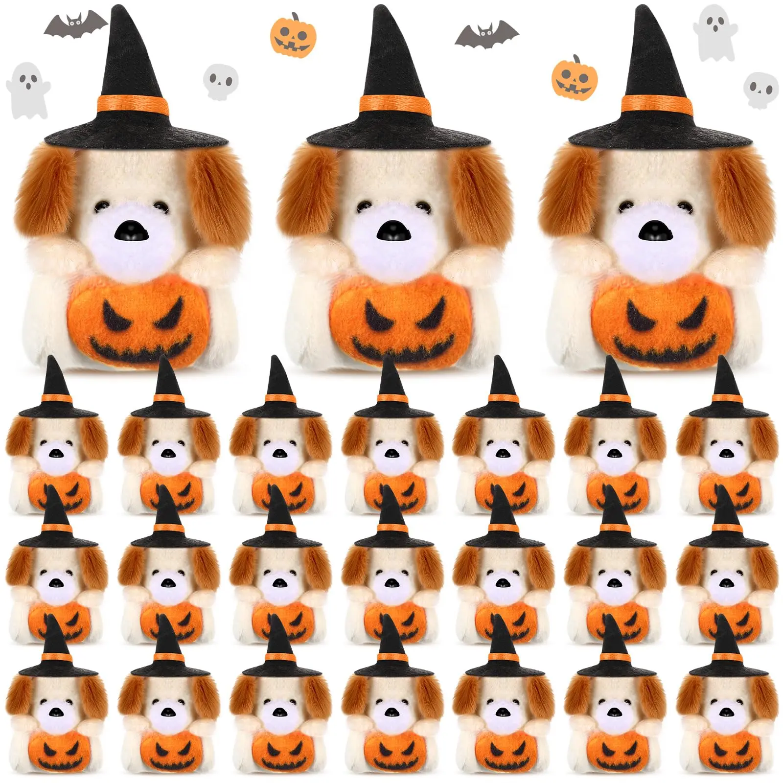 12/24 Pcs Mini Halloween Stuffed Animals Bulk Tiny Small Halloween Soft Plush Animals Keychains with Witch Hat Pumpkin for Trick or Treat Exchange Gift Goodie Bag Fillers Halloween Party Favors