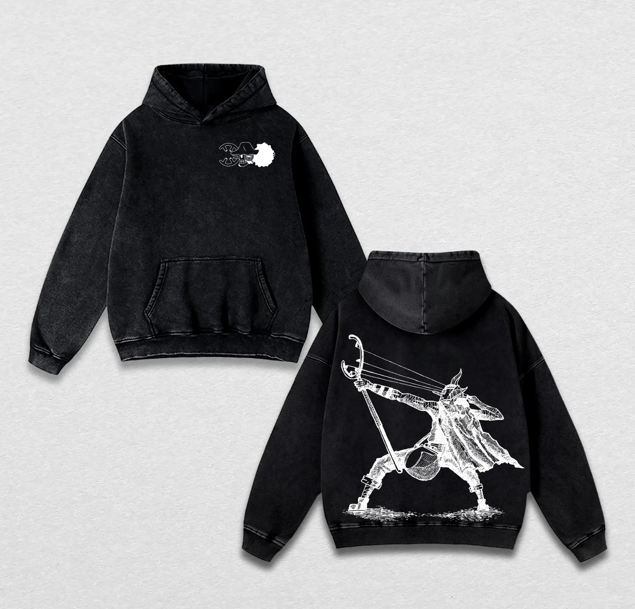 Usoppp “Sogekinggg” Washed Hoodie & Vintage Tee – Double Printed Oversized Streetwear, Heavyweight Cotton Anime Manga Outfit, Perfect Gift for Anime Fans & Lovers