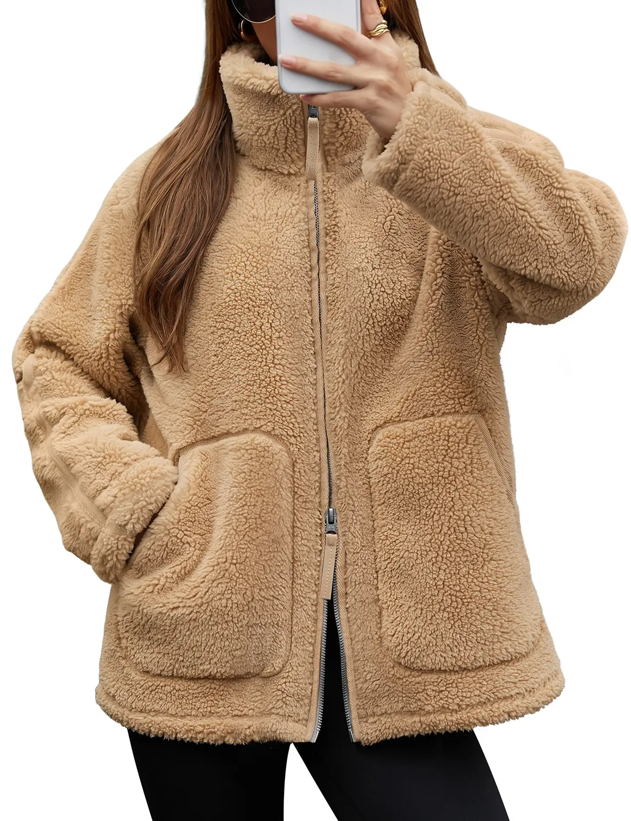 【Early Bird Price】HEEKPEK Women's Casual Long Sleeve Sherpa Fleece Jacket - Zip-Up High Neck Oversized Warm Coat with Side Pockets, Women's Winter Clothes (Suitable for Fall & Winter)