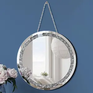 Crush diamond 12 inch wallmounted mirrors with iron chain home decoration round silver crystal sparkling decorative mirror