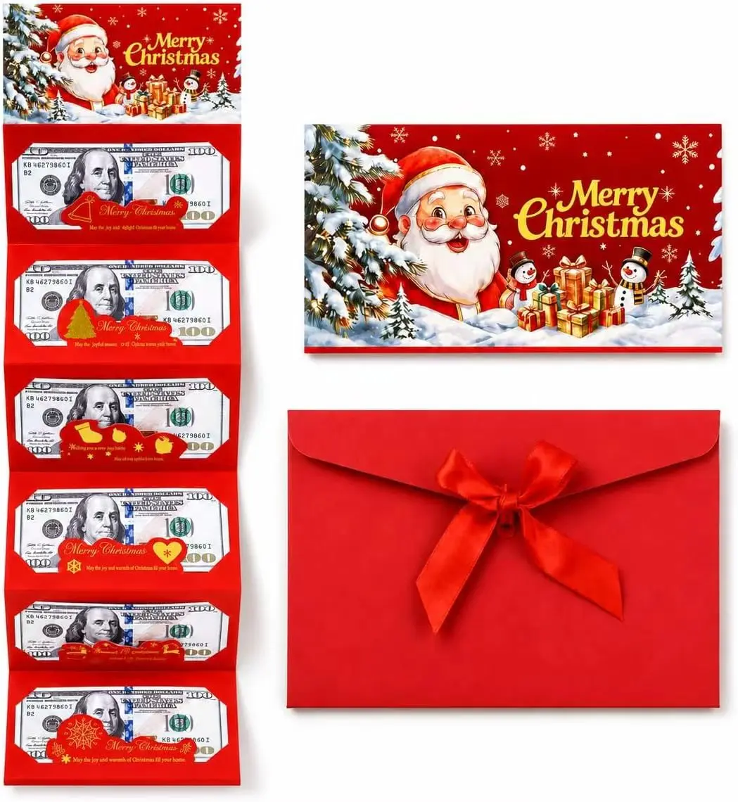 4PCS Thick Paper Christmas Cash Gift Envelopes - Classic Christmas Design, Festive Patterns, Tear-Resistant, 6 Individual Slots, Waist Belt, Cartoon Greeting Card, 7.5x5.1in, for Colleagues, Family Members