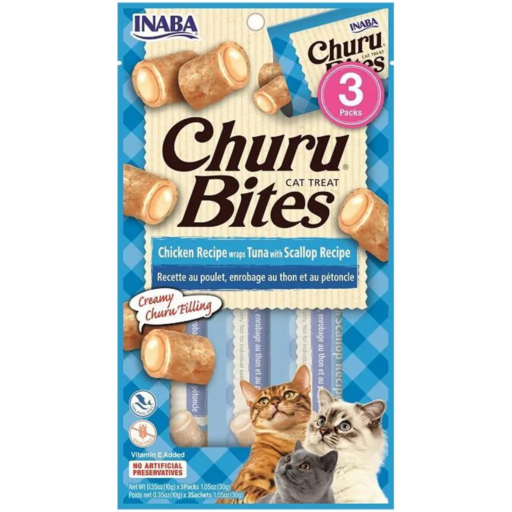 INABA Churu Bites Soft Cat Treats Multi-Pack - 3 x 0.35-oz Bags, Gluten-Free, Antioxidant-Rich Pure Chicken & Tuna-Wrapped Scallop Recipes, Cream Filling, Tapioca, Guar Gum, Egg White, Water, Stimulates Appetite, Refrigerate Opened, Universal