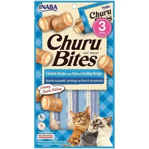 Inaba Churu Bites Chicken Recipe wraps Tuna with Scallop Recipe Cat Treats, 0.35-oz X 3