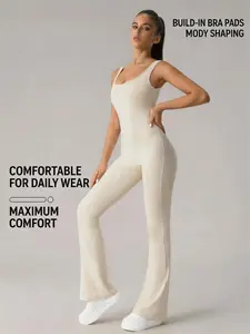 European/American hip-lifting slimming one-piece yoga outfit with chest pads, slight flared design, stretchy athletic jumpsuit — fashionable sportswear, a goddess essential