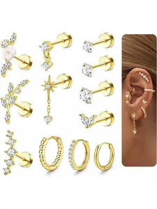 12pcs Helix Piercing Jewelry, Surgical Steel Tragus Earrings Set, Flat Back Studs, Flower Design, Silver Color & Options, Trendy Jewelry, Earring Stacking Set