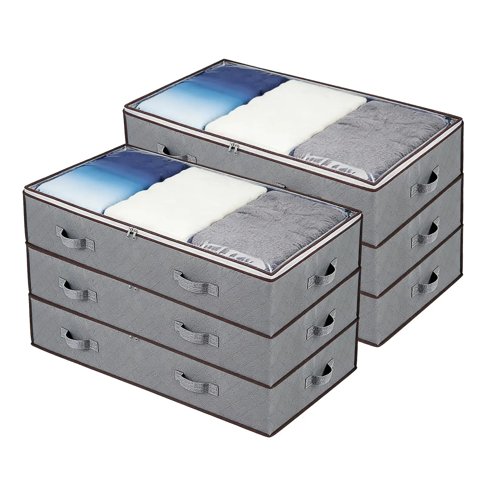 Garvee Upgraded 90L Under Bed Storage Containers 6 Pack, Foldable Underbed Storage Bags, Clear Window, Reinforced Handles, Large Storage Bins, Blankets, Bedding, Clothes, Pillows, Grey