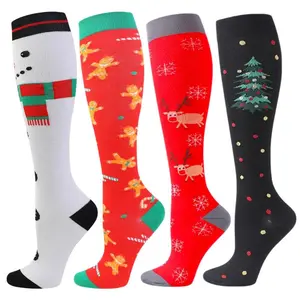 STANDWAY Compression Socks for Women & Men, 4 pairs Circulation & Support Knee-High Socks 15-20 mmHg, Christmas Series for Running, Party, Travel