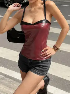 Vintage High Street Sexy PU Backless Top, Colorblock Leather Halter Neck, Spaghetti Strap Design, Sleeveless, Stylish Fashion Women's Summer Wear, Backless Halter Vest