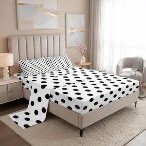 Feelyou Multi-Size Breathable Black Polka Dot Bedding Set - French-Style Cute Cartoon, Black-White Geometric Simple Art Design, Includes 1 Flat Sheet & 1 Fitted Sheet