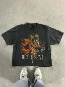 Retro Represent Fire Sword Warrior Print Washed T-Shirt, Oversize Vintage Heavy Cotton Gothic Punk Emo Grunge Y2K Streetwear Dark Fashion, Halloween Party Tee, Gift For Men Women Music Fans