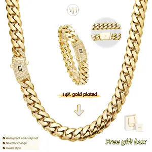 【Set】14K gold-plated Cuban necklace and bracelet combination set, new anti-rust technology, comfortable to wear and non-allergic. 6mm/8mm/10mm/12mm/14mm can be selected. Suitable for leisure, business, entertainment and any other occasions