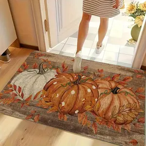 1pc Farmhouse Autumn Pumpkin Welcome Mat - Non-Slip Soft Flannel Door Mat with Fall Harvest Decor, & Orange Polka Dot Pattern, Plush Rectangular Mat for Indoor Entryway, Kitchen, Bathroom, Living Room - Machine Washable Cozy Seasonal Home Decor for